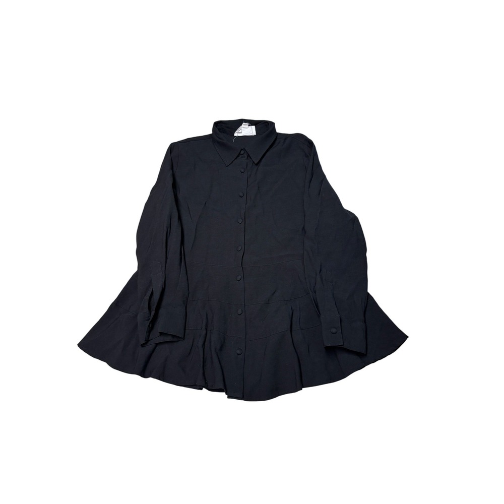 Pomander Place Black Tiered Peplum Button Down Top Long Sleeve Blouse Womens M